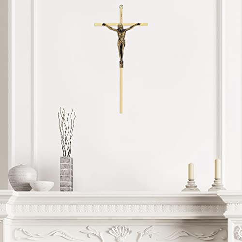 Crucifix Wall Cross, Metal Catholic Hanging Cross Wall Decor - 10 Inch, Shiny Gold