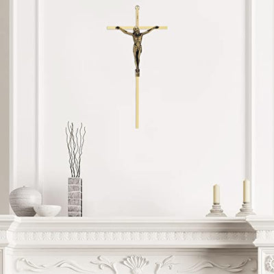 Crucifix Wall Cross, Metal Catholic Hanging Cross Wall Decor - 10 Inch, Shiny Gold