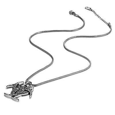 Celtic Knot Necklace Viking Pendant - Celtic Norse Triple Odin Horns Crescent Moon of Oden Horn Necklace Mens 316L Stainless Steel Triskelion Amulet Pewter Tribal Protection Viking Triskele Jewelry