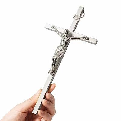 Crucifix Wall Cross | Silver Metal Slender Catholic Crosses | Cross Wall Décor for Your Home - 8 Inch