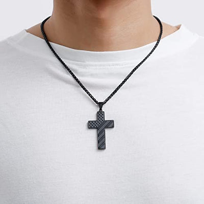 DuoDiner 18+2 Inch Cross Necklace Bible Verse Stainless Steel American Flag Pendant Chain for Men Jewelry Gift