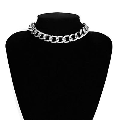 Women's Alloy Choker Necklace Heavy Cuban Chunky Chain Punk Gothic Hip Hop Metal Necklaces - Silver -Small Size