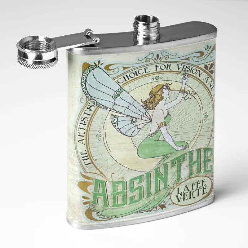 Absinthe Green Fairy La Fee Verte Stainless Steel 8 Oz. Flask