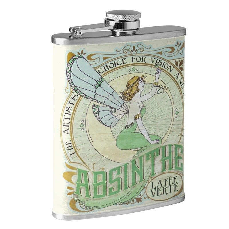 Absinthe Green Fairy La Fee Verte Stainless Steel 8 Oz. Flask