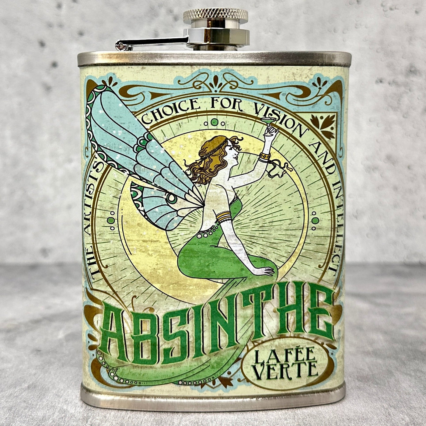 Absinthe Green Fairy La Fee Verte Stainless Steel 8 Oz. Flask