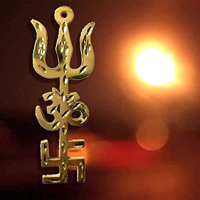 Imagine Mart Brass Ashtdhatu Tri Shakti Trishul Om Swastika Yantra Spiritual Metal Wall Hanging Showpiece O
