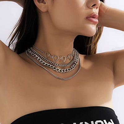 Simple Heart Necklace Lolita Choker Chain Layered Cuban Chunky Silver Chain Necklace for Women Men Girls Chic y2k Clothes Jewelry