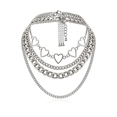Simple Heart Necklace Lolita Choker Chain Layered Cuban Chunky Silver Chain Necklace for Women Men Girls Chic y2k Clothes Jewelry
