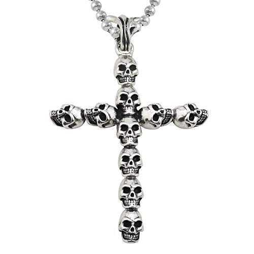 A&G Rock Multi-Skull Cross Pendant Necklace in 925 Sterling Silver with 18-Inch Ball Chain | Spring-Ring Clasp | Antique High-Polish Finish | Made in the USA