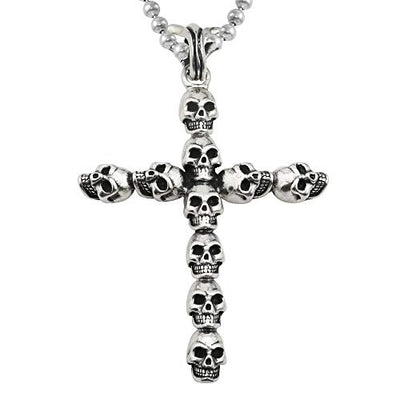 A&G Rock Multi-Skull Cross Pendant Necklace in 925 Sterling Silver with 18-Inch Ball Chain | Spring-Ring Clasp | Antique High-Polish Finish | Made in the USA