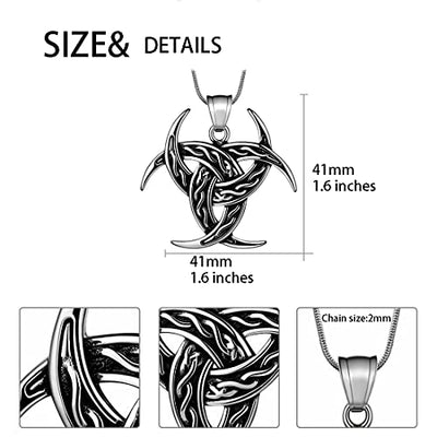 Celtic Knot Necklace Viking Pendant - Celtic Norse Triple Odin Horns Crescent Moon of Oden Horn Necklace Mens 316L Stainless Steel Triskelion Amulet Pewter Tribal Protection Viking Triskele Jewelry