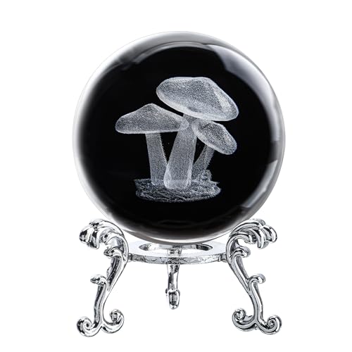 HDCRYSTALGIFTS 3D Etched Mushroom Crystal Ball Paperweight - 60mm Glass Decorative Ball with Silver Metal Stand, Glass Art Full Sphere Craft Home Table Decor, 2.3inch