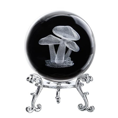 HDCRYSTALGIFTS 3D Etched Mushroom Crystal Ball Paperweight - 60mm Glass Decorative Ball with Silver Metal Stand, Glass Art Full Sphere Craft Home Table Decor, 2.3inch
