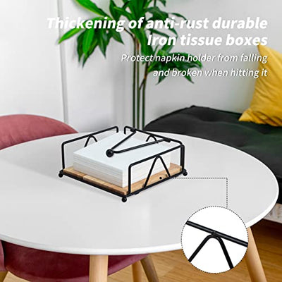 Square Napkin Holder - Durable Table Napkin Holder with Weighted Arm, Metal Napkin Holder with Wooden Base, Farmhouse Napkin Holder for Table, Kitchen and Countertops (Black)