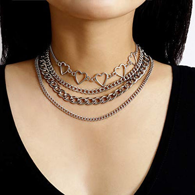 Simple Heart Necklace Lolita Choker Chain Layered Cuban Chunky Silver Chain Necklace for Women Men Girls Chic y2k Clothes Jewelry