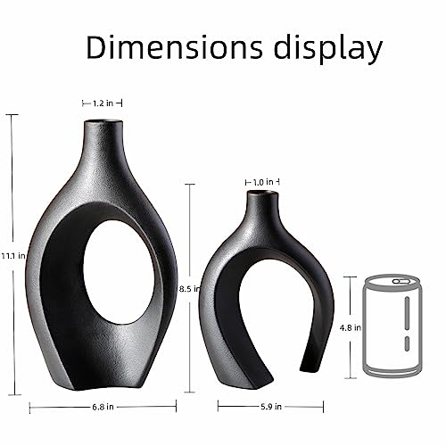 XL Black Ceramic Vase Set of 2 for Modern Home Decor, Neutral Boho Round Donut Pampas Grass Vases, Nordic Aesthetic Vase, for Living Room Coffee Table Fire Place Book Style Shelf (H 11.1")
