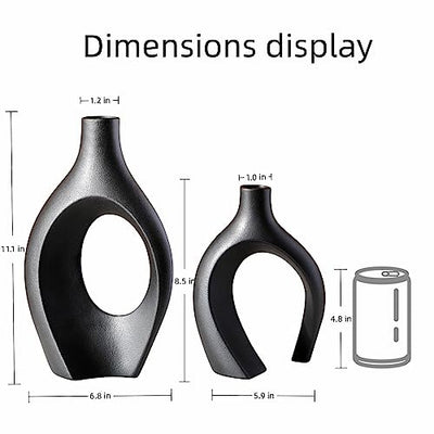 XL Black Ceramic Vase Set of 2 for Modern Home Decor, Neutral Boho Round Donut Pampas Grass Vases, Nordic Aesthetic Vase, for Living Room Coffee Table Fire Place Book Style Shelf (H 11.1")