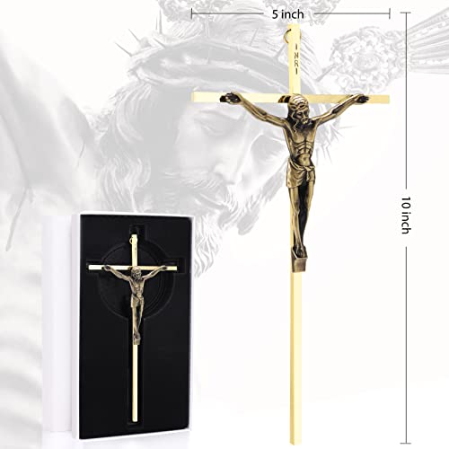 Crucifix Wall Cross, Metal Catholic Hanging Cross Wall Decor - 10 Inch, Shiny Gold