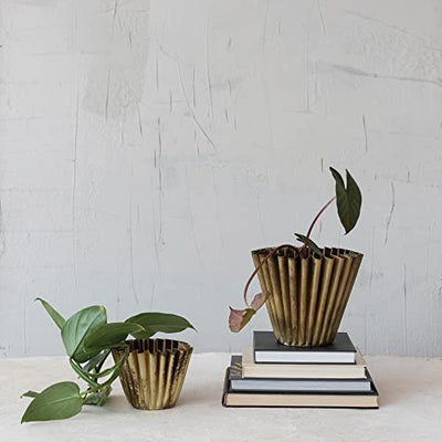 Creative Co-Op Pleated Metal Vase, Antique Brass Finish Planter