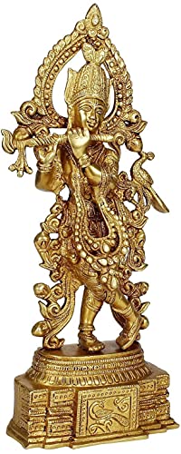 Brass Murti Lord Krishna Idol God of Love Playing Flute for Home Décor Living Room Metal Statue Temple Gift Item Gold Polish Height 13.7 Inch