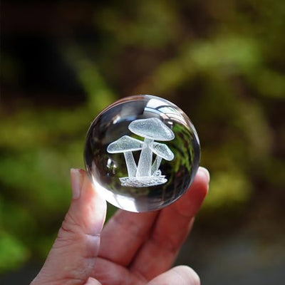 HDCRYSTALGIFTS 3D Etched Mushroom Crystal Ball Paperweight - 60mm Glass Decorative Ball with Silver Metal Stand, Glass Art Full Sphere Craft Home Table Decor, 2.3inch
