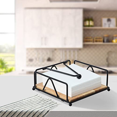 Square Napkin Holder - Durable Table Napkin Holder with Weighted Arm, Metal Napkin Holder with Wooden Base, Farmhouse Napkin Holder for Table, Kitchen and Countertops (Black)