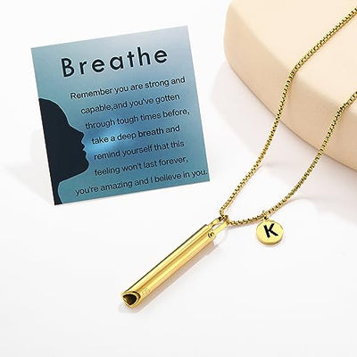 Breathing Necklace for Women and Men with Initial Pendant Anti Vape Metal Straw Breathwork Necklace Mindful Stress Breathing Necklace Fidget Jewelry for Quitting Smoking Anxiety Relief Items for Teens Gift