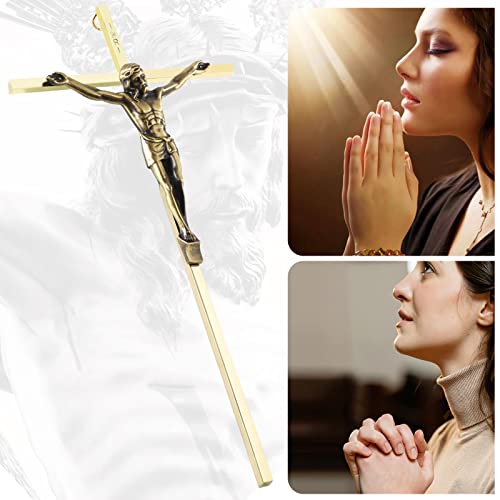 Crucifix Wall Cross, Metal Catholic Hanging Cross Wall Decor - 10 Inch, Shiny Gold