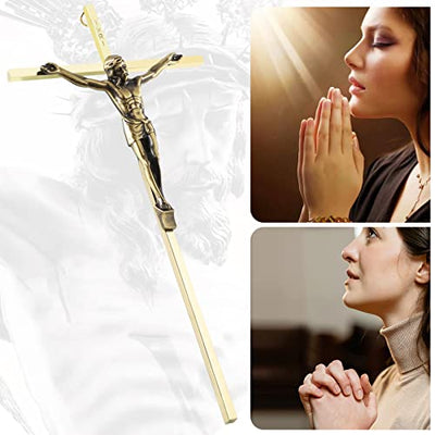 Crucifix Wall Cross, Metal Catholic Hanging Cross Wall Decor - 10 Inch, Shiny Gold