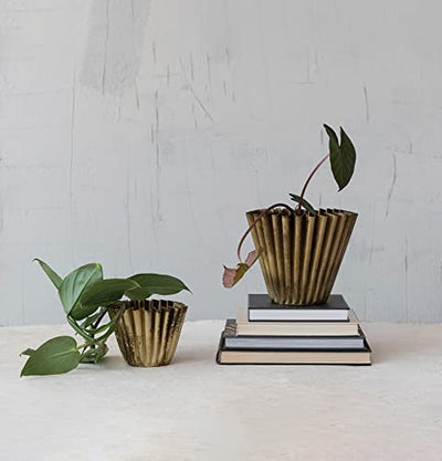 Creative Co-Op Pleated Metal Vase, Antique Brass Finish Planter
