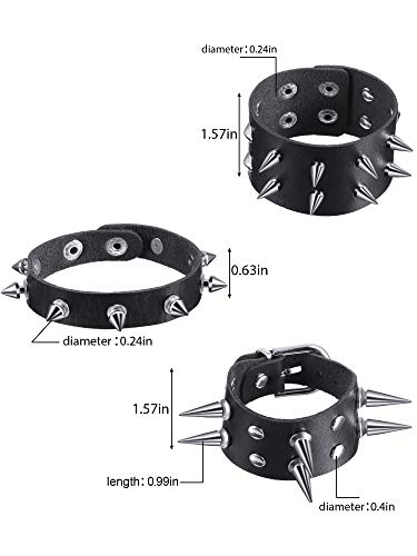 Hicarer 9 Pieces Spiked Studded Bracelet Black Leather Rivet Punk Bracelet Cuff Wrap Bangle Snap Button Metal Wristband for Men Women