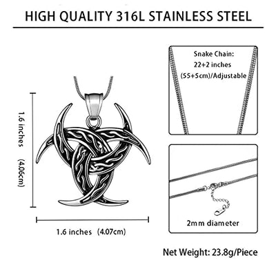 Celtic Knot Necklace Viking Pendant - Celtic Norse Triple Odin Horns Crescent Moon of Oden Horn Necklace Mens 316L Stainless Steel Triskelion Amulet Pewter Tribal Protection Viking Triskele Jewelry