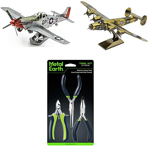 Fascinations Metal Earth 3D Metal Model Kit Bundle - P-51D Mustang Sweet Arlene - B-24 Liberator - Tool Set