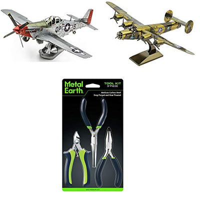 Fascinations Metal Earth 3D Metal Model Kit Bundle - P-51D Mustang Sweet Arlene - B-24 Liberator - Tool Set