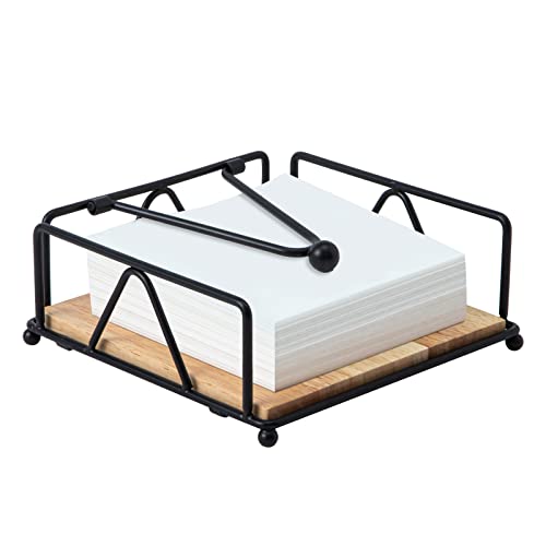 Square Napkin Holder - Durable Table Napkin Holder with Weighted Arm, Metal Napkin Holder with Wooden Base, Farmhouse Napkin Holder for Table, Kitchen and Countertops (Black)
