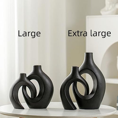 XL Black Ceramic Vase Set of 2 for Modern Home Decor, Neutral Boho Round Donut Pampas Grass Vases, Nordic Aesthetic Vase, for Living Room Coffee Table Fire Place Book Style Shelf (H 11.1")
