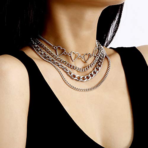 Simple Heart Necklace Lolita Choker Chain Layered Cuban Chunky Silver Chain Necklace for Women Men Girls Chic y2k Clothes Jewelry