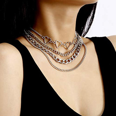 Simple Heart Necklace Lolita Choker Chain Layered Cuban Chunky Silver Chain Necklace for Women Men Girls Chic y2k Clothes Jewelry