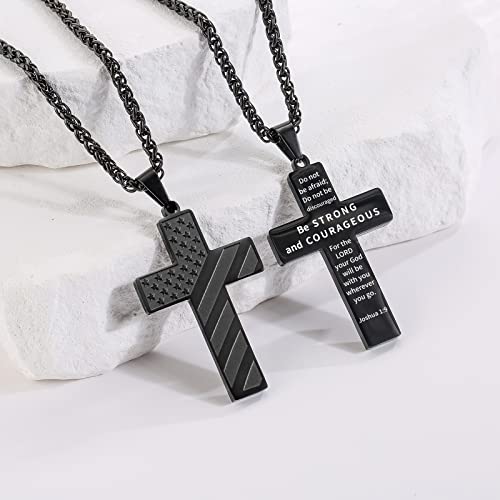 DuoDiner 18+2 Inch Cross Necklace Bible Verse Stainless Steel American Flag Pendant Chain for Men Jewelry Gift