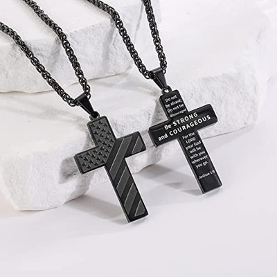 DuoDiner 18+2 Inch Cross Necklace Bible Verse Stainless Steel American Flag Pendant Chain for Men Jewelry Gift