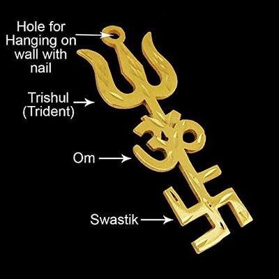 Imagine Mart Brass Ashtdhatu Tri Shakti Trishul Om Swastika Yantra Spiritual Metal Wall Hanging Showpiece O