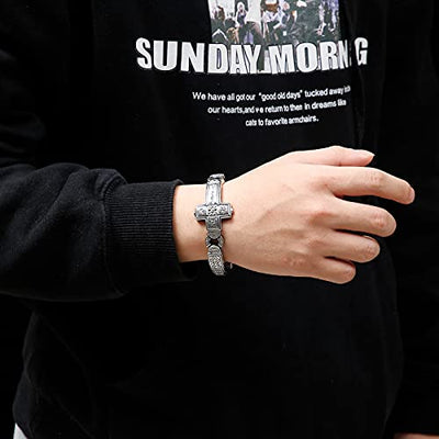 Cross Stainless Steel Bracelets Vintage Metal Bangle Heavy Mens Retro Punk Bracelets Cool Male Jewelry Armband (Silver, 8.66 Inches)