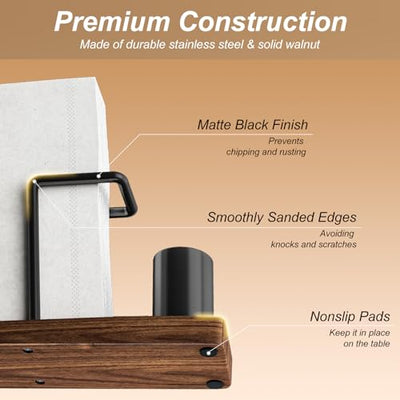 Napkin Holder for Table，Vertical Napkin Holder with Solid Walnut Base, Wooden Napkin Holders for Paper Napkins，Mail，Bills，Suitable for All Dining and Desk Decor