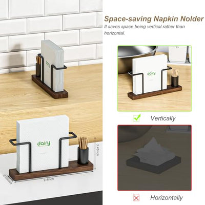 Napkin Holder for Table，Vertical Napkin Holder with Solid Walnut Base, Wooden Napkin Holders for Paper Napkins，Mail，Bills，Suitable for All Dining and Desk Decor