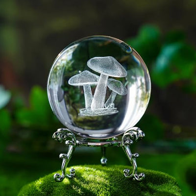 HDCRYSTALGIFTS 3D Etched Mushroom Crystal Ball Paperweight - 60mm Glass Decorative Ball with Silver Metal Stand, Glass Art Full Sphere Craft Home Table Decor, 2.3inch