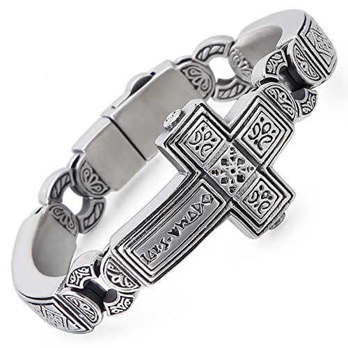 Cross Stainless Steel Bracelets Vintage Metal Bangle Heavy Mens Retro Punk Bracelets Cool Male Jewelry Armband (Silver, 8.66 Inches)