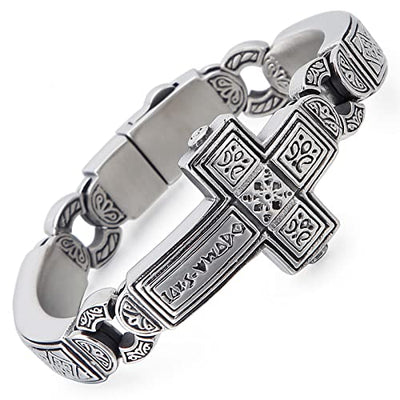 Cross Stainless Steel Bracelets Vintage Metal Bangle Heavy Mens Retro Punk Bracelets Cool Male Jewelry Armband (Silver, 8.66 Inches)
