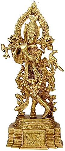 Brass Murti Lord Krishna Idol God of Love Playing Flute for Home Décor Living Room Metal Statue Temple Gift Item Gold Polish Height 13.7 Inch