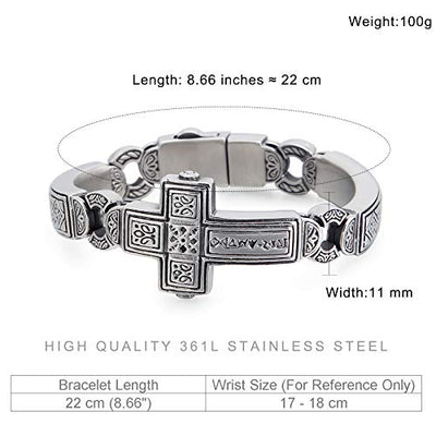 Cross Stainless Steel Bracelets Vintage Metal Bangle Heavy Mens Retro Punk Bracelets Cool Male Jewelry Armband (Silver, 8.66 Inches)