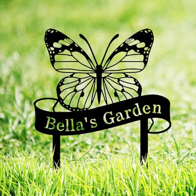 Custom Name Butterfly Sign, Personalized Butterfly Garden Sign with Stakes, Butterfly Garden Stake Metal Yard Art, Outdoor Metal Garden Sign, Customized Butterfly Garden Decor Sign